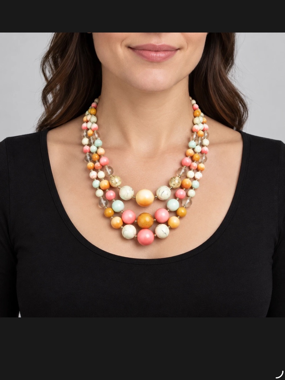 Vintage 1960s Multicolor Graduated‎ Bead 3 Strand Necklace Pastel Plastic Retro